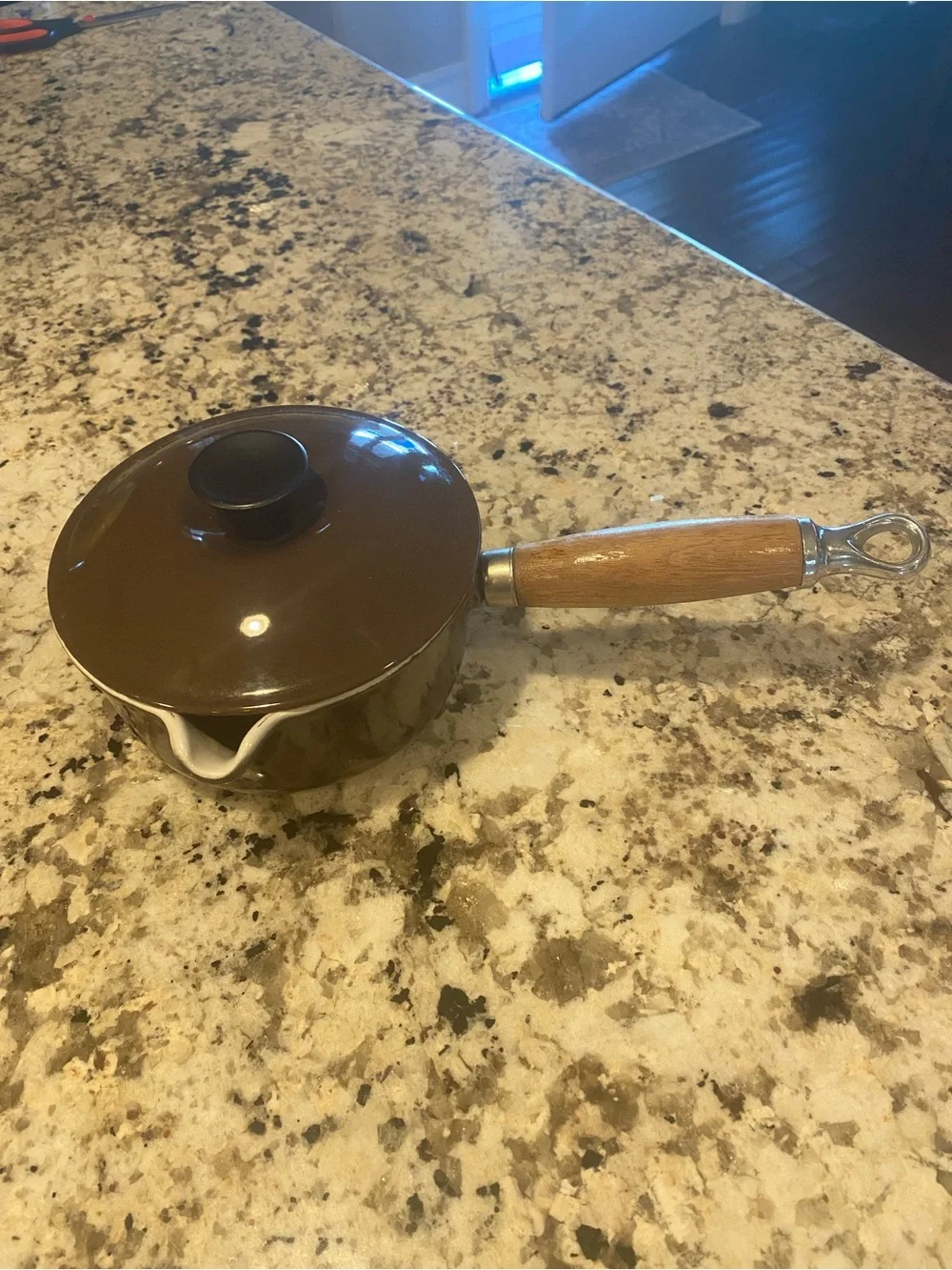 Le Creuset Brown Enamel Saucepan with Wood Handle and Lid
